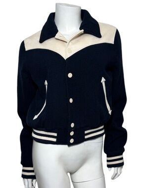 MOTHER The Western Varsity Bomber Jacket Cool Your Jets Navy Cream Small